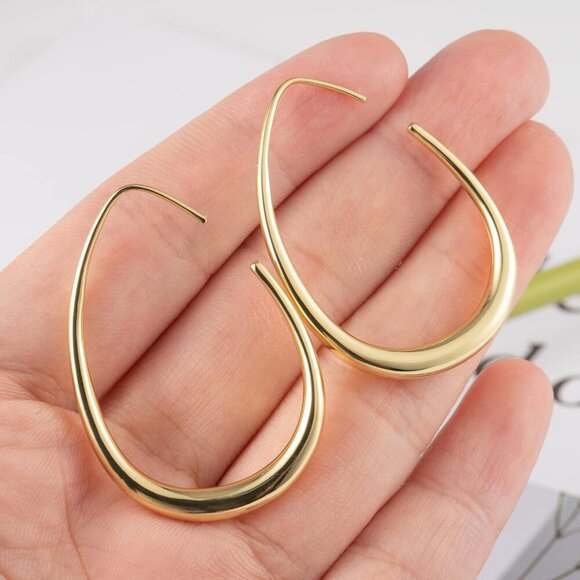 14K Gold Plated Lightweight Statement Large Oval Hoop Trendy Earrings for Women - Picture 4 of 6